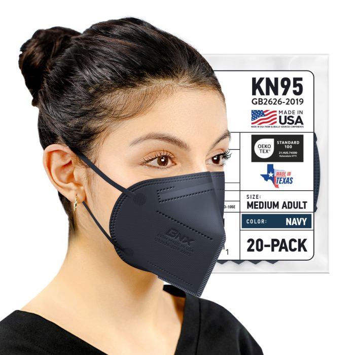 BNX 20-Pack KN95 E95M Protective Face Mask, Disposable Particulate Mask Made in USA, Protection Against Dust, Pollen and Haze, Navy (20 Pack) (Earloop) (Model: E95M)