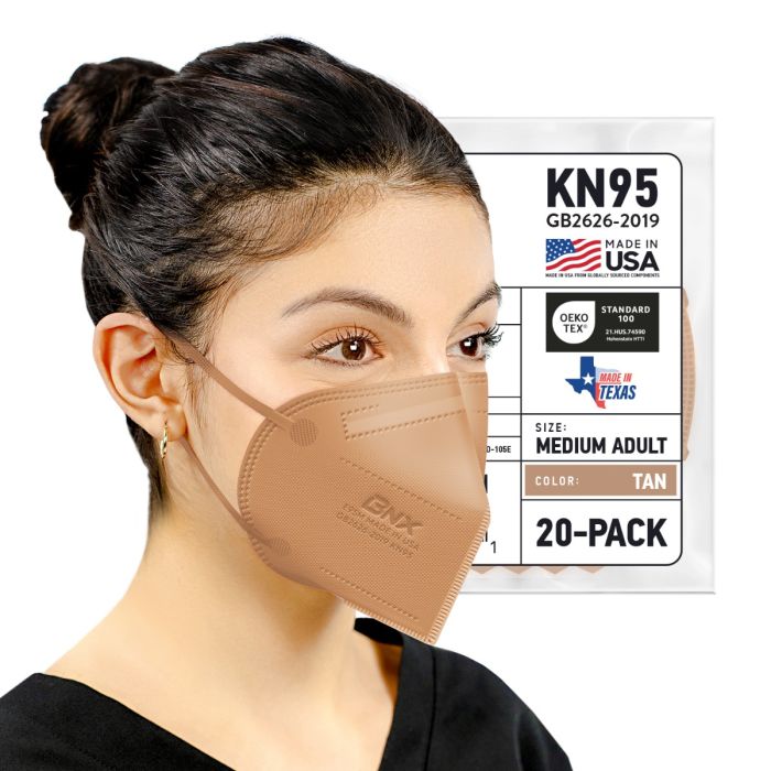 BNX 20-Pack KN95 E95M Protective Face Mask, Disposable Particulate Mask Made in USA, Protection Against Dust, Pollen and Haze, Tan (20 Pack) (Earloop) (Model: E95M)