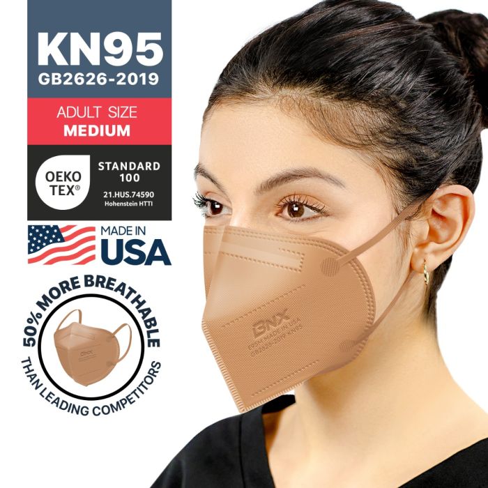 BNX 20-Pack KN95 E95M Protective Face Mask, Disposable Particulate Mask Made in USA, Protection Against Dust, Pollen and Haze, Tan (20 Pack) (Earloop) (Model: E95M)