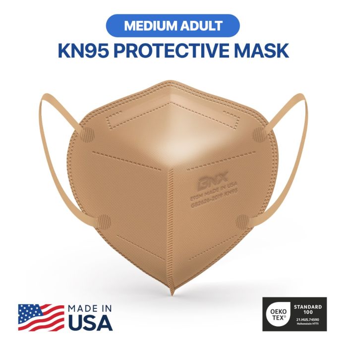 BNX 20-Pack KN95 E95M Protective Face Mask, Disposable Particulate Mask Made in USA, Protection Against Dust, Pollen and Haze, Tan (20 Pack) (Earloop) (Model: E95M)