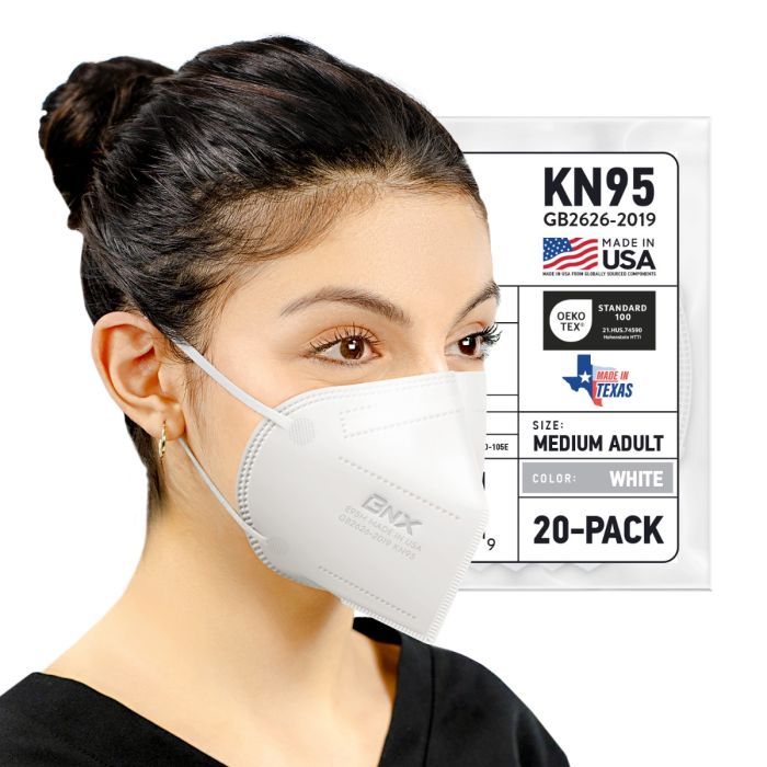 BNX 20-Pack KN95 E95M Protective Face Mask, Disposable Particulate Mask Made in USA, Protection Against Dust, Pollen and Haze, White(20 Pack) (Earloop) (Model: E95M) Adult Medium