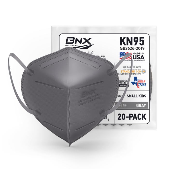BNX 20-Pack Kids KN95 Face Mask, Children's Disposable Particulate KN95 Mask Made in USA, Protection Against Dust, Pollen and Haze (20 Pack) (Earloop) (Model: E95S) Gray