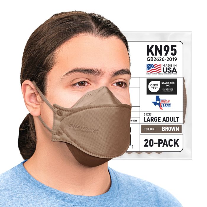 BNX 20-Pack KN95 Face Masks, Disposable Particulate KN95 Mask Made in USA, Tri-Fold Cup/Fish Style, Brown