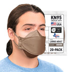 BNX 20-Pack KN95 Face Masks, Disposable Particulate KN95 Mask Made in USA, Tri-Fold Cup/Fish Style, Brown