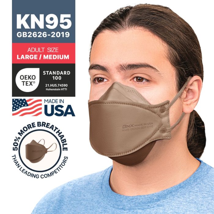 BNX 20-Pack KN95 Face Masks, Disposable Particulate KN95 Mask Made in USA, Tri-Fold Cup/Fish Style, Brown