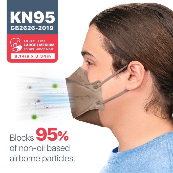 BNX 20-Pack KN95 Face Masks, Disposable Particulate KN95 Mask Made in USA, Tri-Fold Cup/Fish Style, Brown