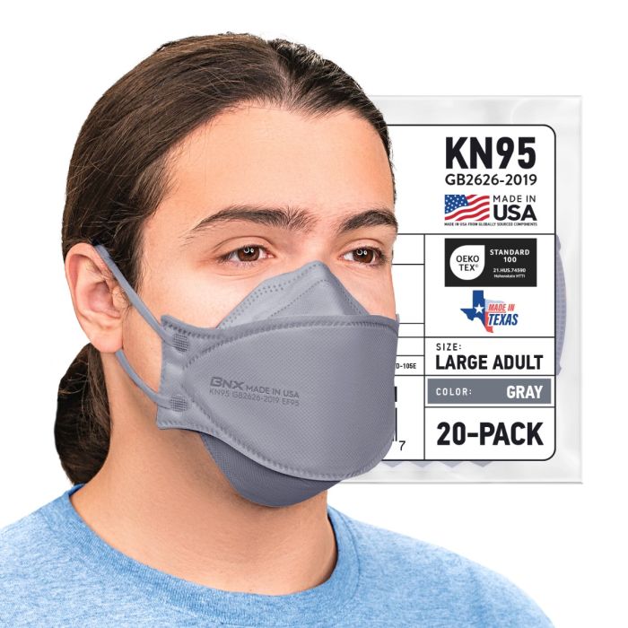 BNX 20-Pack KN95 Face Masks, Disposable Particulate KN95 Mask Made in USA, Tri-Fold Cup/Fish Style, Gray