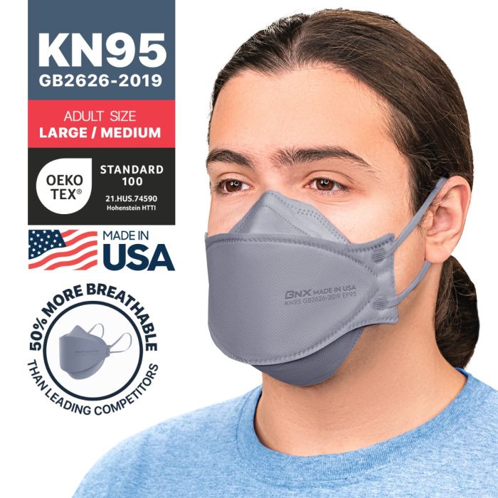 BNX 20-Pack KN95 Face Masks, Disposable Particulate KN95 Mask Made in USA, Tri-Fold Cup/Fish Style, Gray