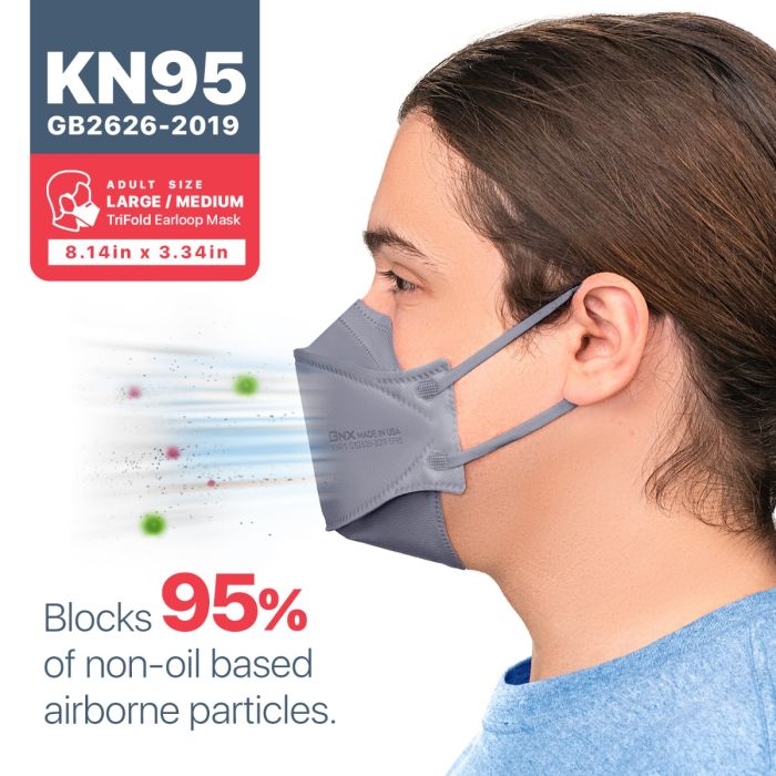 BNX 20-Pack KN95 Face Masks, Disposable Particulate KN95 Mask Made in USA, Tri-Fold Cup/Fish Style, Gray