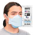 BNX 20-Pack KN95 Face Masks, Disposable Particulate KN95 Mask Made in USA, Tri-Fold Cup/Fish Style, Light Blue