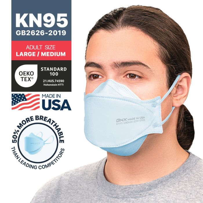 BNX 20-Pack KN95 Face Masks, Disposable Particulate KN95 Mask Made in USA, Tri-Fold Cup/Fish Style, Light Blue