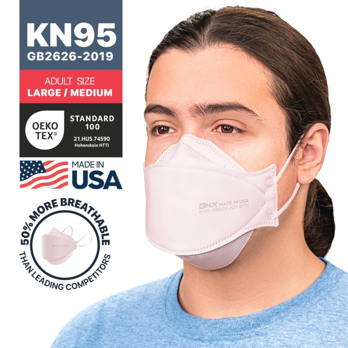 BNX 20-Pack KN95 Face Masks, Disposable Particulate KN95 Mask Made in USA, Tri-Fold Cup/Fish Style, Light Pink