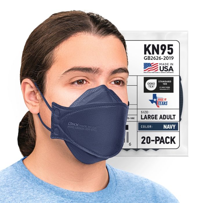 BNX 20-Pack KN95 Face Masks, Disposable Particulate KN95 Mask Made in USA, Tri-Fold Cup/Fish Style, Navy