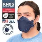 BNX 20-Pack KN95 Face Masks, Disposable Particulate KN95 Mask Made in USA, Tri-Fold Cup/Fish Style, Navy