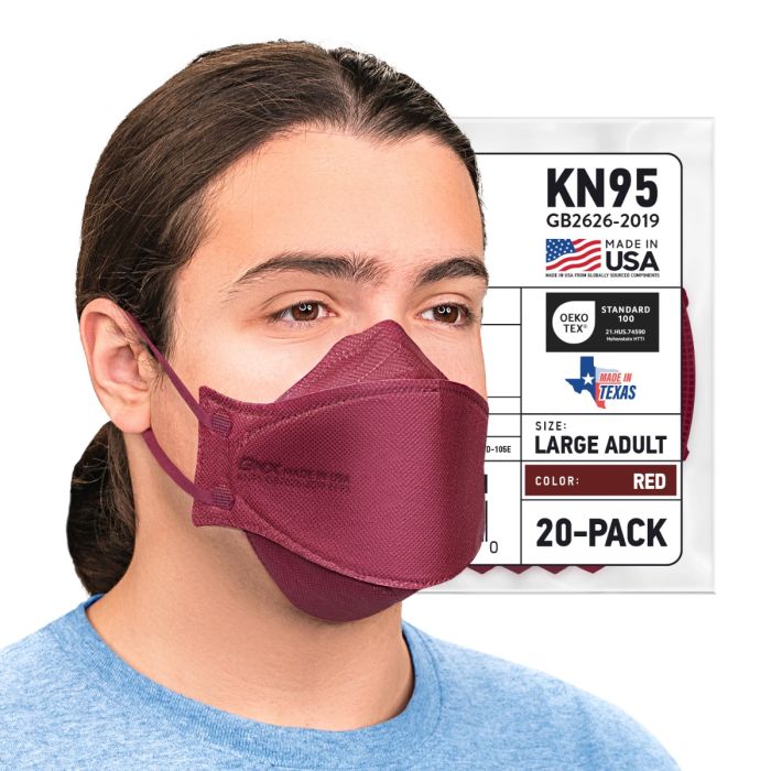 BNX 20-Pack KN95 Face Masks, Disposable Particulate KN95 Mask Made in USA, Tri-Fold Cup/Fish Style, Red