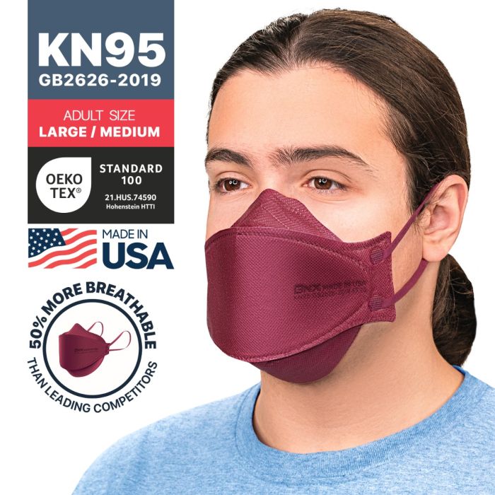 BNX 20-Pack KN95 Face Masks, Disposable Particulate KN95 Mask Made in USA, Tri-Fold Cup/Fish Style, Red