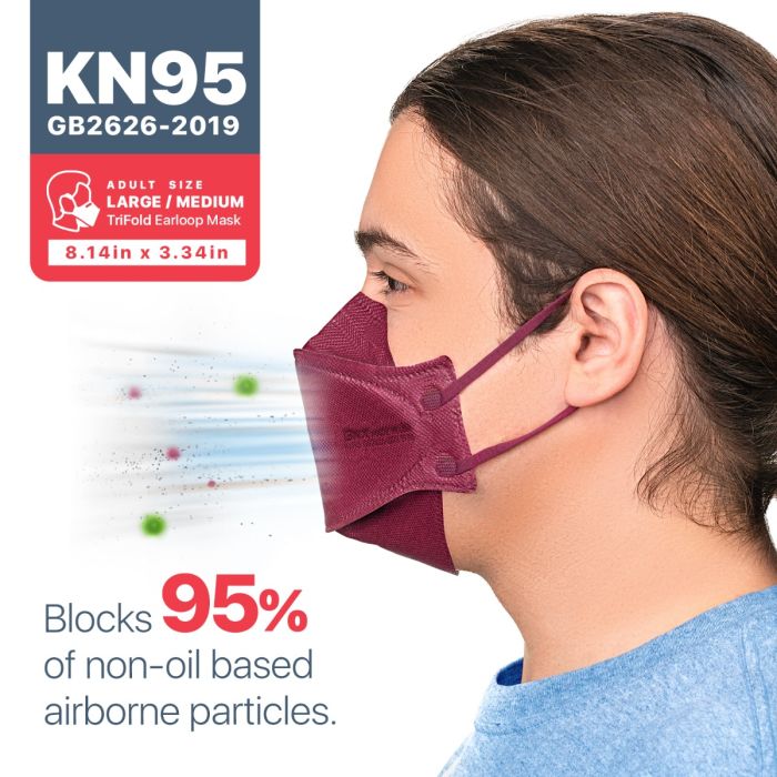 BNX 20-Pack KN95 Face Masks, Disposable Particulate KN95 Mask Made in USA, Tri-Fold Cup/Fish Style, Red