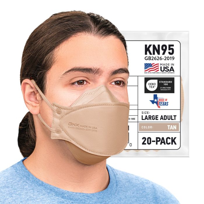 BNX 20-Pack KN95 Face Masks, Disposable Particulate KN95 Mask Made in USA, Tri-Fold Cup/Fish Style, Tan
