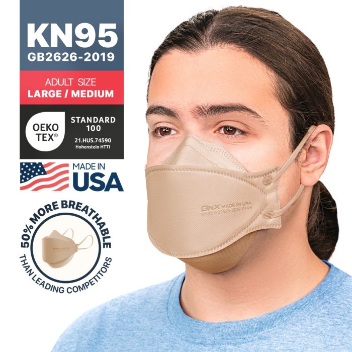 BNX 20-Pack KN95 Face Masks, Disposable Particulate KN95 Mask Made in USA, Tri-Fold Cup/Fish Style, Tan