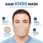 BNX 20-Pack KN95 Face Masks, Disposable Particulate KN95 Mask Made in USA, Tri-Fold Cup/Fish Style, Tan