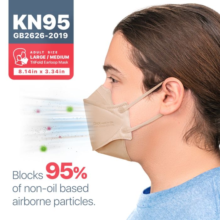 BNX 20-Pack KN95 Face Masks, Disposable Particulate KN95 Mask Made in USA, Tri-Fold Cup/Fish Style, Tan