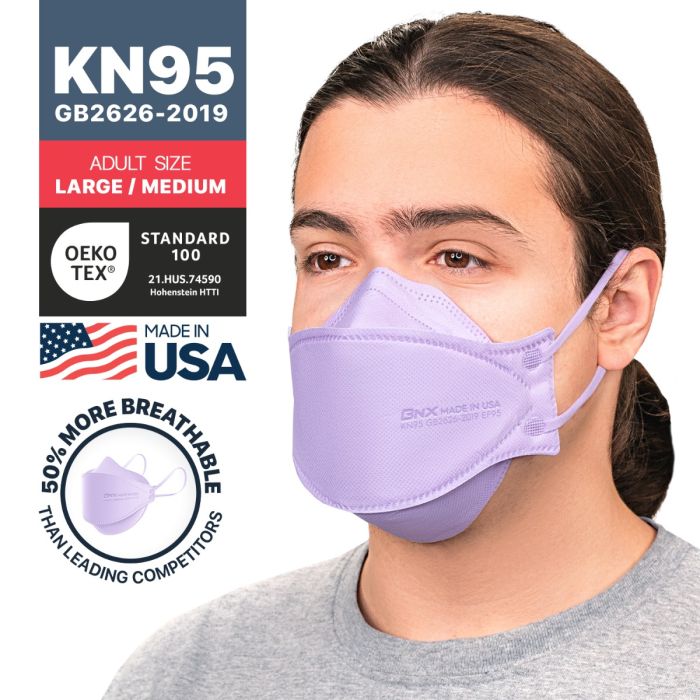 BNX 20-Pack KN95 Face Masks, Disposable Particulate KN95 Mask Made in USA, Tri-Fold Cup/Fish Style, Violet