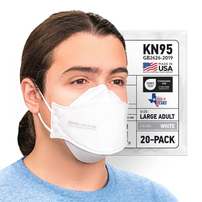 BNX 20-Pack KN95 Face Masks, Disposable Particulate KN95 Mask Made in USA, Tri-Fold Cup/Fish Style, White