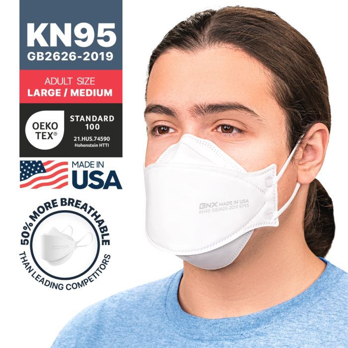 BNX 20-Pack KN95 Face Masks, Disposable Particulate KN95 Mask Made in USA, Tri-Fold Cup/Fish Style, White