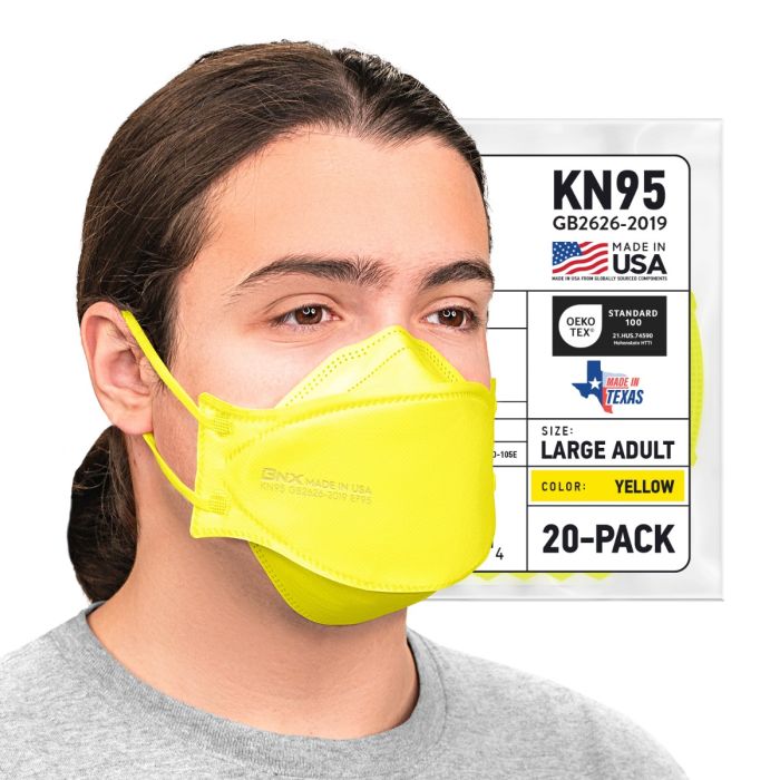 BNX 20-Pack KN95 Face Masks, Disposable Particulate KN95 Mask Made in USA, Tri-Fold Cup/Fish Style, Yellow