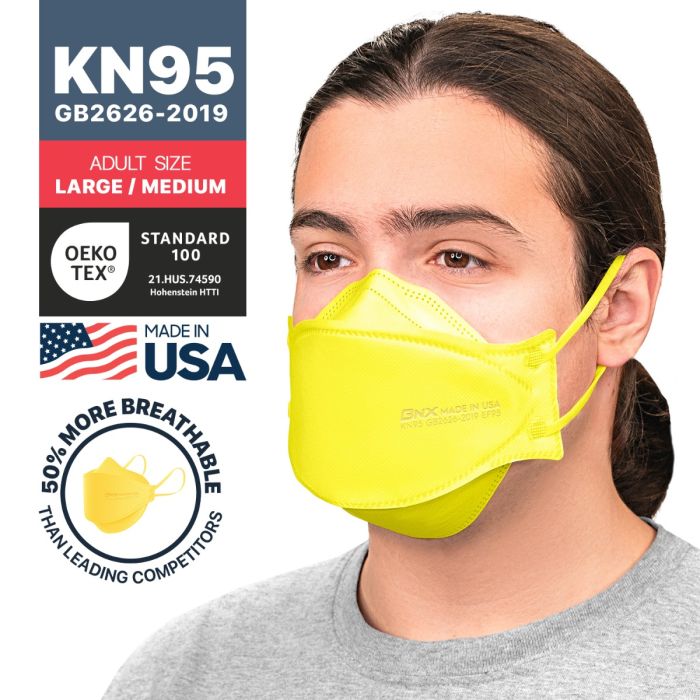 BNX 20-Pack KN95 Face Masks, Disposable Particulate KN95 Mask Made in USA, Tri-Fold Cup/Fish Style, Yellow
