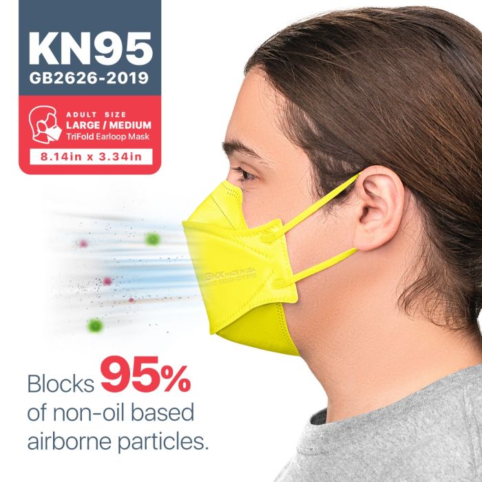 BNX 20-Pack KN95 Face Masks, Disposable Particulate KN95 Mask Made in USA, Tri-Fold Cup/Fish Style, Yellow