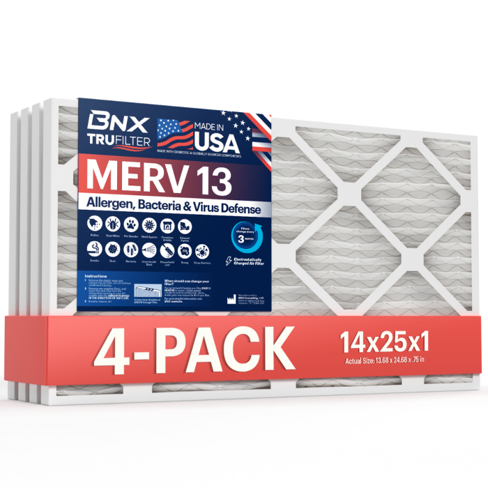 BNX TruFilter 14x25x1 MERV 13 Pleated Air Filter - Made in USA - Electrostatic Charged HVAC AC Furnace Filters - Removes Pollen, Mold, Bacteria, Smoke (4 Pack)