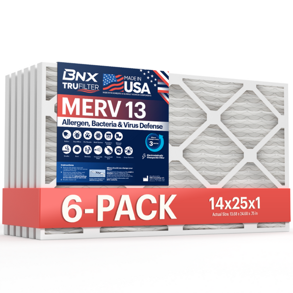 BNX TruFilter 14x25x1 MERV 13 Pleated Air Filter - Made in USA - Electrostatic Charged HVAC AC Furnace Filters - Removes Pollen, Mold, Bacteria, Smoke (6 Pack)