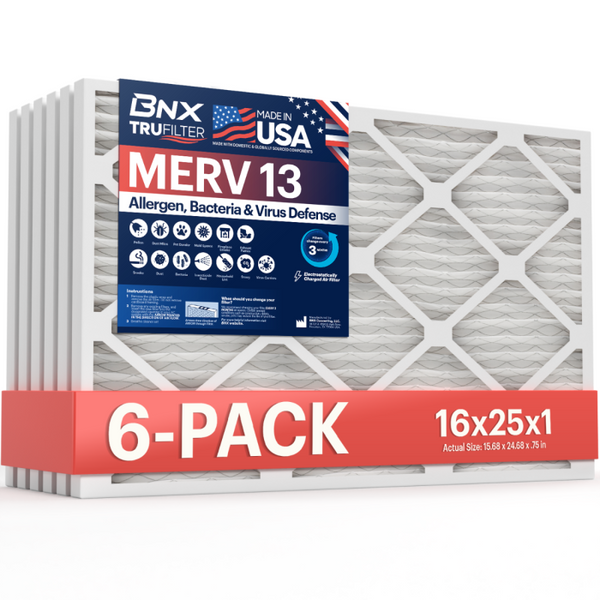 BNX TruFilter 16x25x1 Air Filter MERV 13 (6-Pack) - MADE IN USA - Electrostatic Pleated Air Conditioner HVAC AC Furnace Filters for Allergies, Pollen, Mold, Bacteria, Smoke, Allergen, MPR 1900 FPR 10