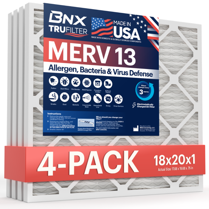 BNX TruFilter 18x20x1 Air Filter MERV 13 (4-Pack) - MADE IN USA - Electrostatic Pleated Air Conditioner HVAC AC Furnace Filters for Allergies, Pollen, Mold, Bacteria, Smoke, Allergen, MPR 1900 FPR 10