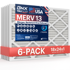 BNX TruFilter 18x24x1 Air Filter MERV 13 (6-Pack) - MADE IN USA - Electrostatic Pleated Air Conditioner HVAC AC Furnace Filters for Allergies, Pollen, Mold, Bacteria, Smoke, Allergen, MPR 1900 FPR 10