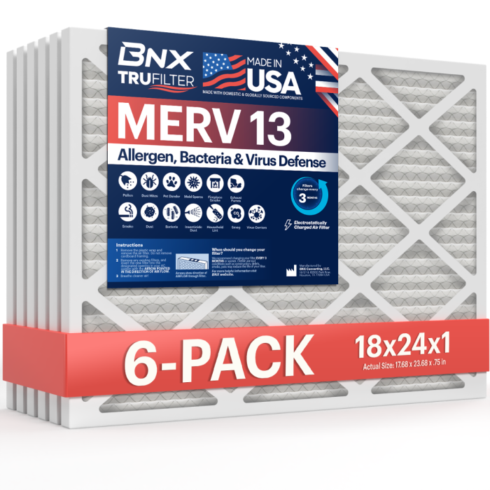 BNX TruFilter 18x24x1 Air Filter MERV 13 (6-Pack) - MADE IN USA - Electrostatic Pleated Air Conditioner HVAC AC Furnace Filters for Allergies, Pollen, Mold, Bacteria, Smoke, Allergen, MPR 1900 FPR 10
