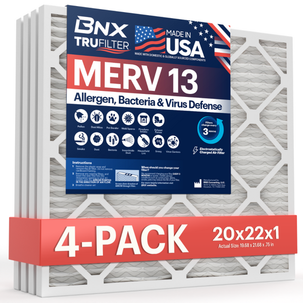 BNX TruFilter 20x22x1 Air Filter MERV 13 (4-Pack) - MADE IN USA - Electrostatic Pleated Air Conditioner HVAC AC Furnace Filters for Allergies, Pollen, Mold, Bacteria, Smoke, Allergen, MPR 1900 FPR 10