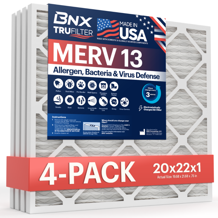 BNX TruFilter 20x22x1 Air Filter MERV 13 (4-Pack) - MADE IN USA - Electrostatic Pleated Air Conditioner HVAC AC Furnace Filters for Allergies, Pollen, Mold, Bacteria, Smoke, Allergen, MPR 1900 FPR 10