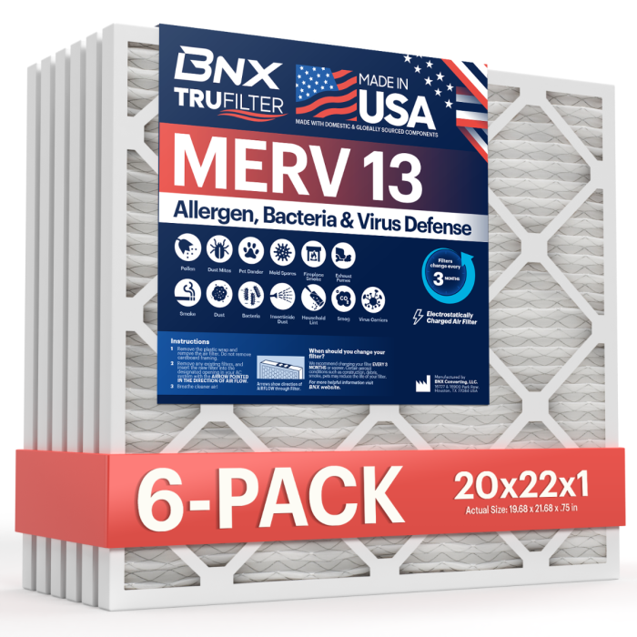 BNX TruFilter 20x22x1 Air Filter MERV 13 (6-Pack) - MADE IN USA - Electrostatic Pleated Air Conditioner HVAC AC Furnace Filters for Allergies, Pollen, Mold, Bacteria, Smoke, Allergen, MPR 1900 FPR 10