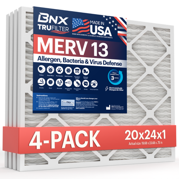 BNX TruFilter 20x24x1 Air Filter MERV 13 (4-Pack) - MADE IN USA - Electrostatic Pleated Air Conditioner HVAC AC Furnace Filters for Allergies, Pollen, Mold, Bacteria, Smoke, Allergen, MPR 1900 FPR 10