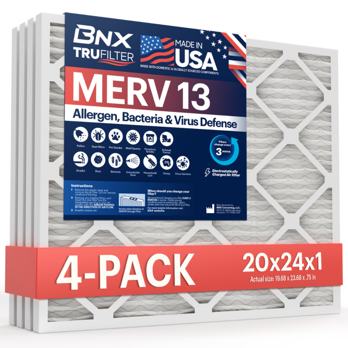 BNX TruFilter 20x24x1 Air Filter MERV 13 (4-Pack) - MADE IN USA - Electrostatic Pleated Air Conditioner HVAC AC Furnace Filters for Allergies, Pollen, Mold, Bacteria, Smoke, Allergen, MPR 1900 FPR 10