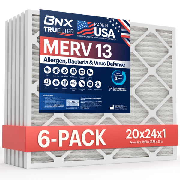 BNX TruFilter 20x24x1 Air Filter MERV 13 (6-Pack) - MADE IN USA - Electrostatic Pleated Air Conditioner HVAC AC Furnace Filters for Allergies, Pollen, Mold, Bacteria, Smoke, Allergen, MPR 1900 FPR 10