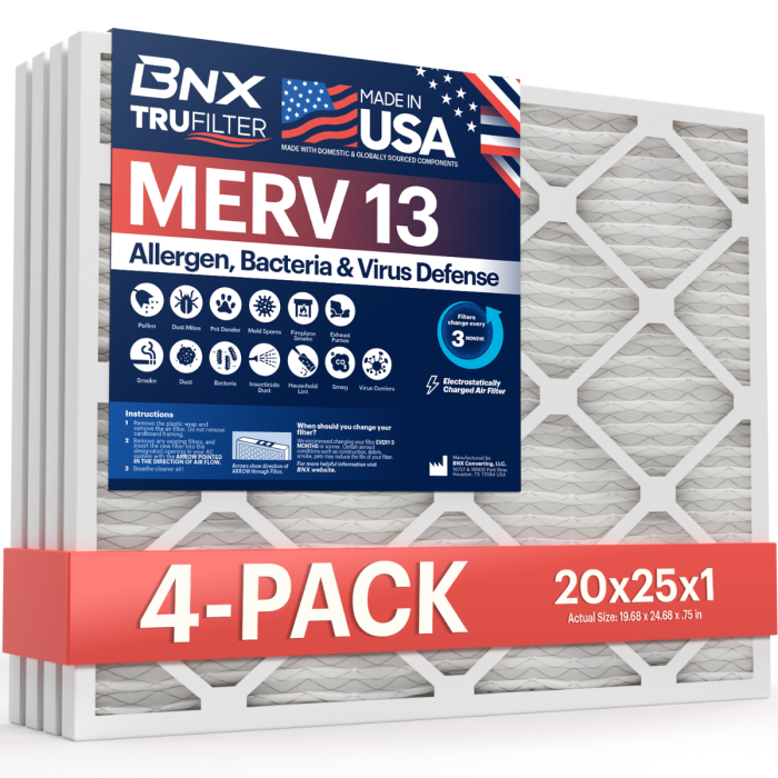 BNX TruFilter 20x25x1 MERV 13 Pleated Air Filter - Made in USA - Electrostatic Charged HVAC AC Furnace Filters - Removes Pollen, Mold, Bacteria, Smoke (4 Pack)