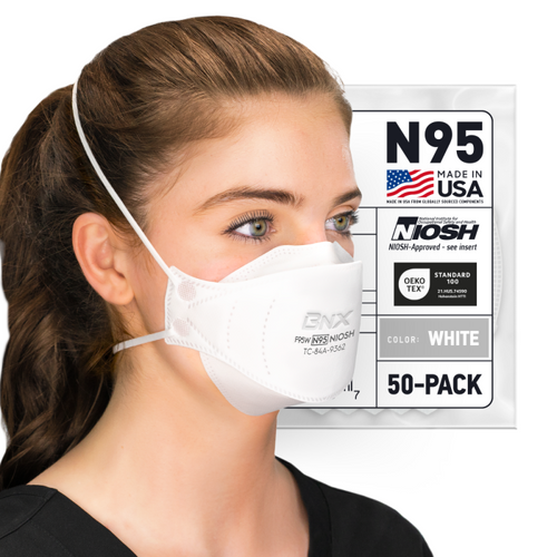 BNX N95 Mask NIOSH Certified MADE IN USA Particulate Respirator Protective Face Mask, Tri-Fold Cup/Fish Style, (50-Pack, Approval Number TC-84A-9362 / Model F95W) White