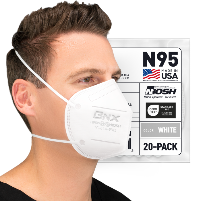 BNX N95 Mask NIOSH Certified MADE IN USA Particulate Respirator Protective Face Mask (20-Pack, Approval Number TC-84A-9315 / Model H95W) White
