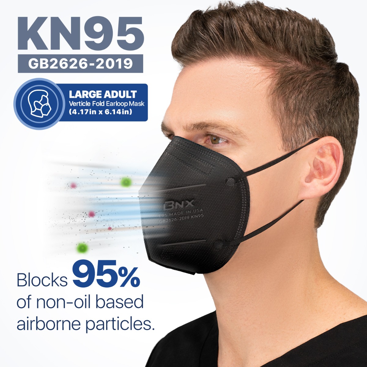 BNX 20-Pack KN95 Face Mask, Disposable Particulate KN95 Mask Made in USA, Protection Against Dust, Pollen and Haze (20 Pack) (Earloop) (Model: E95) Black, Size: Adult Large
