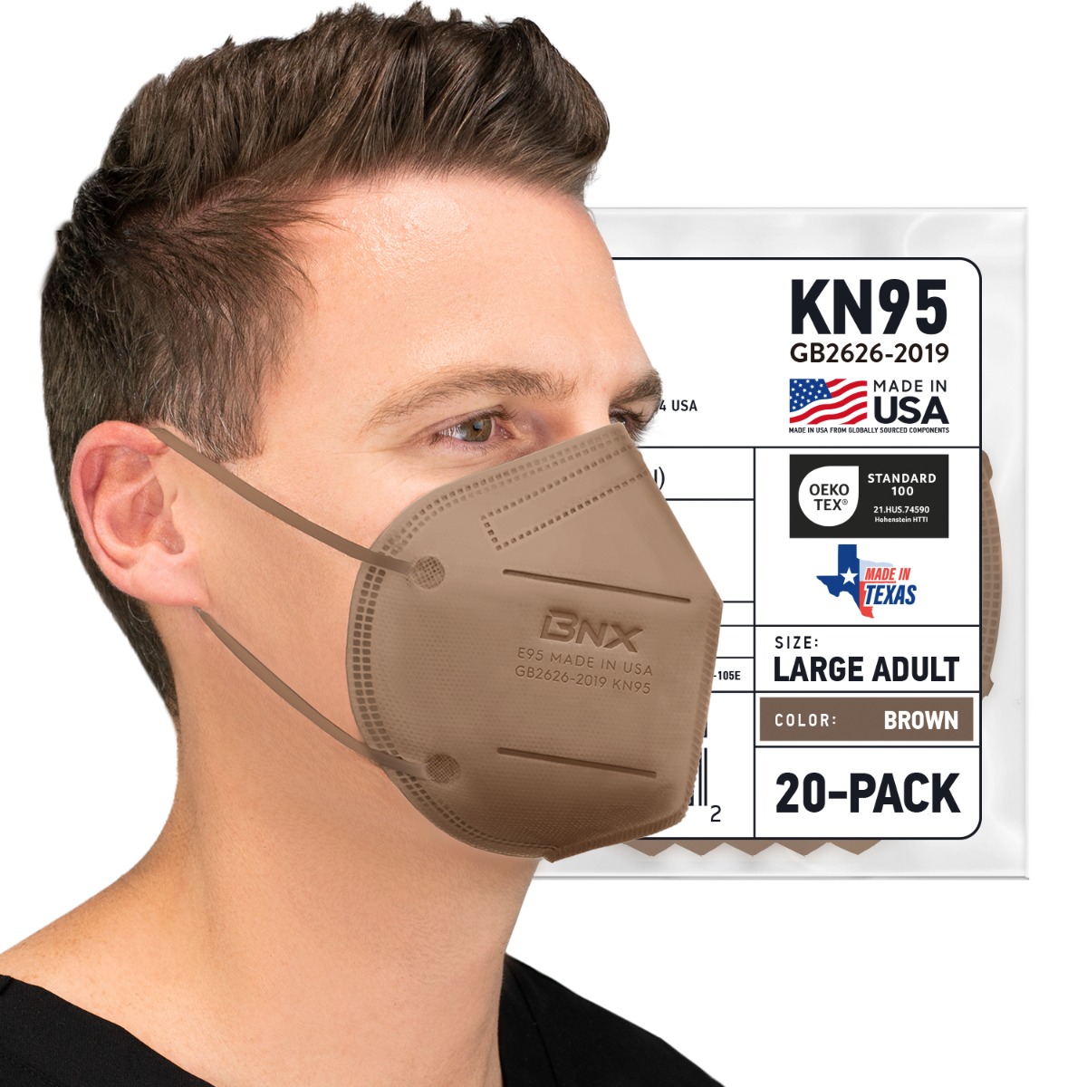 BNX 20-Pack KN95 E95 Protective Face Mask, Disposable Particulate Mask Made in USA, Protection Against Dust, Pollen and Haze, Violet (20 Pack) (Earloop) (Model: E95) Brown, Size: Adult Large