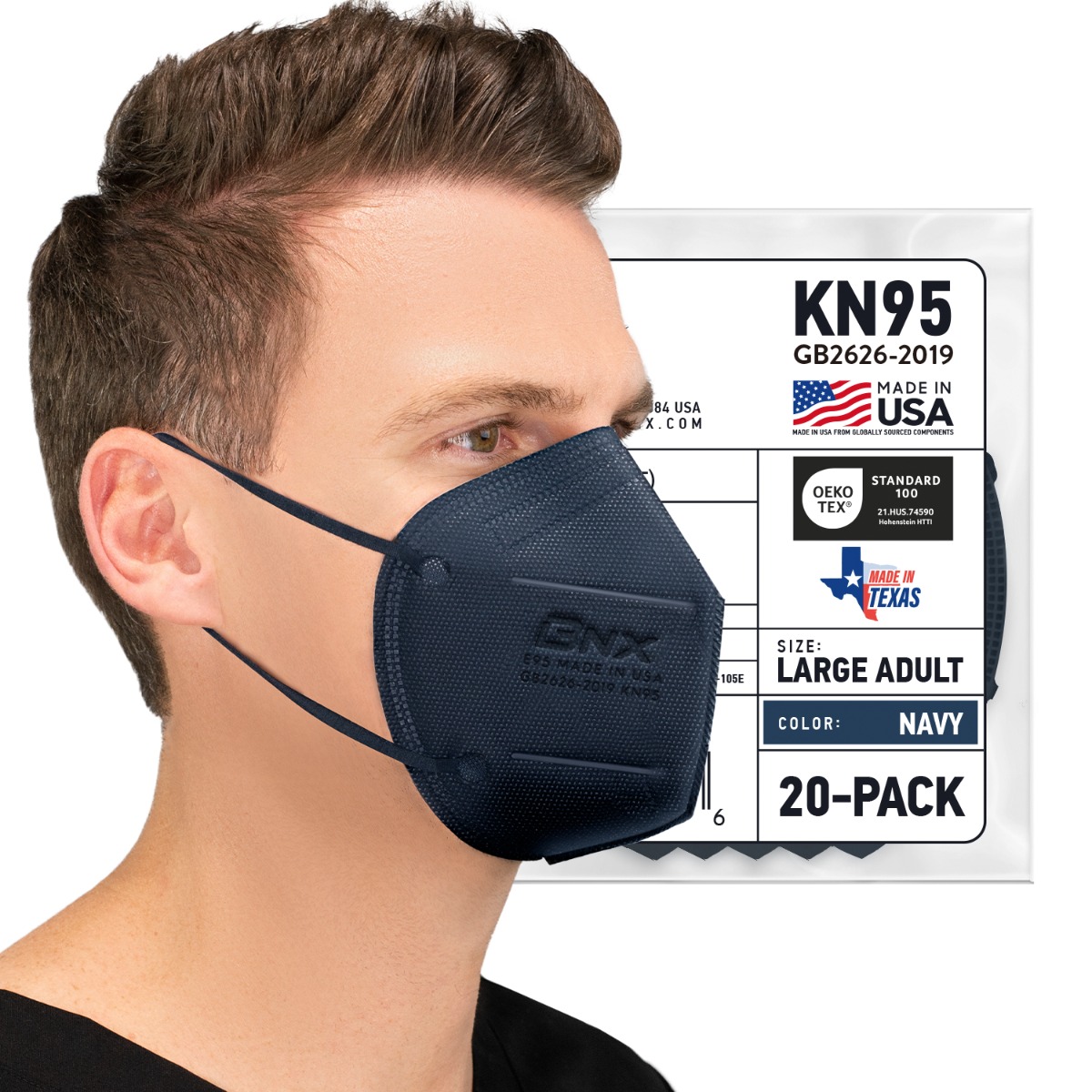 BNX 20-Pack KN95 E95 Protective Face Mask, Disposable Particulate Mask Made in USA, Protection Against Dust, Pollen and Haze, Navy (20 Pack) (Earloop) (Model: E95) Adult Large