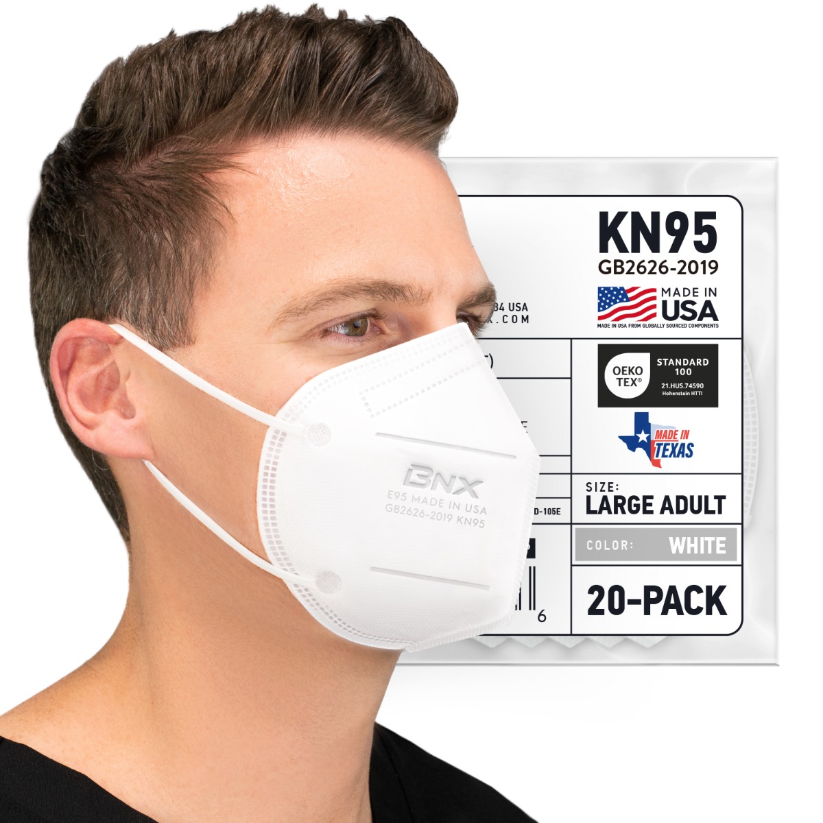 BNX 20-Pack KN95 Face Mask, Disposable Particulate KN95 Mask Made in USA,  Protection Against Dust, Pollen and Haze (20 Pack) (Earloop) (Model: E95)  